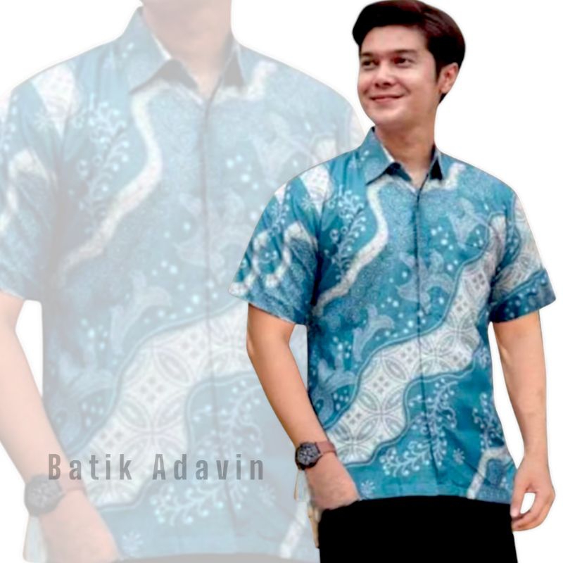 Batik Adavin Motif Airlangga Biru Muda Bahan Polikatun Premium