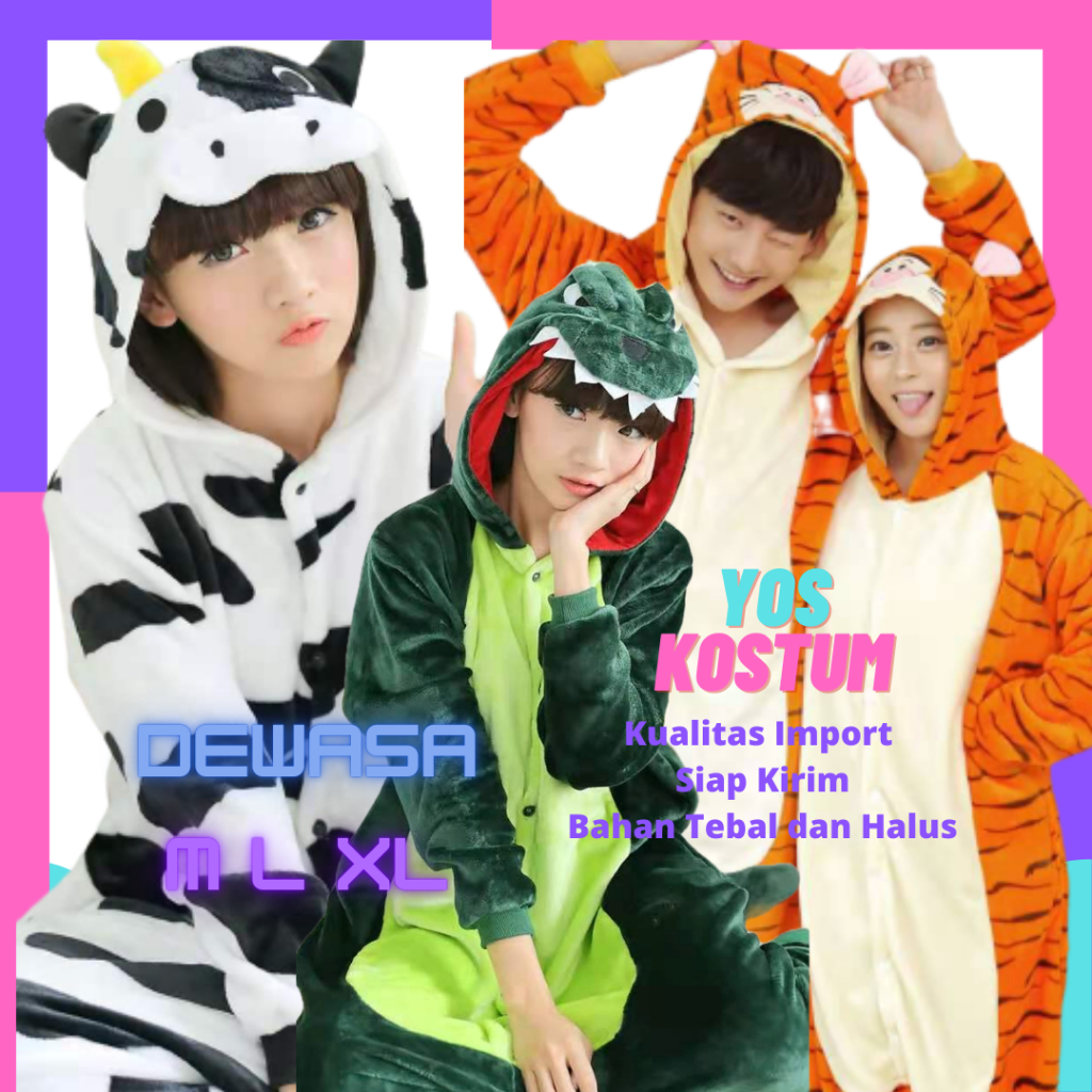 Kostum Dewasa Impor Animal Onesie Cosplay Karakter Binatang Lucu Sapi Tiger Baju Tidur Wanita Laki