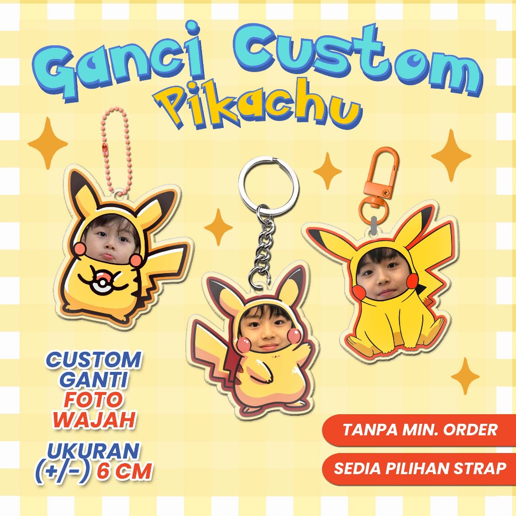 GANTUNGAN KUNCI Custom Pikachu Keychain Custom Pikachu - Custom foto wajah kode GCFC_PKC