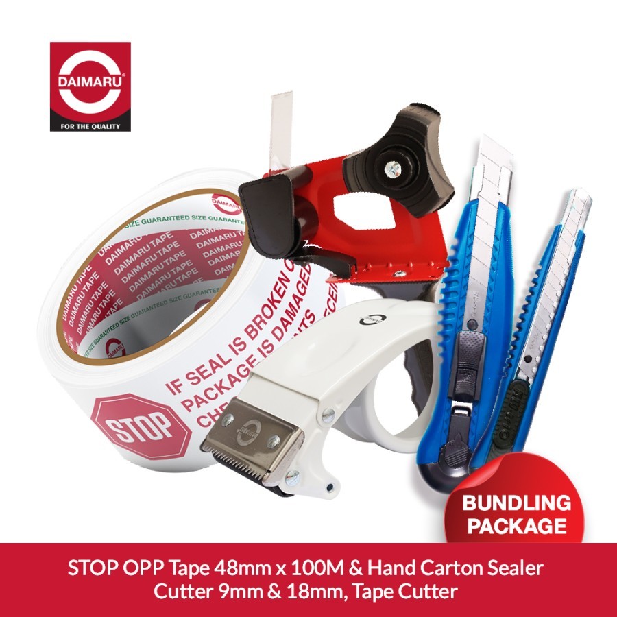 

Daimaru OPP Printed Tape Lakban Stop White 48mm x 100M Bundling Tape Cutter, Hand Carton Sealer, Cutter 9mm & 8mm Heavy Duty