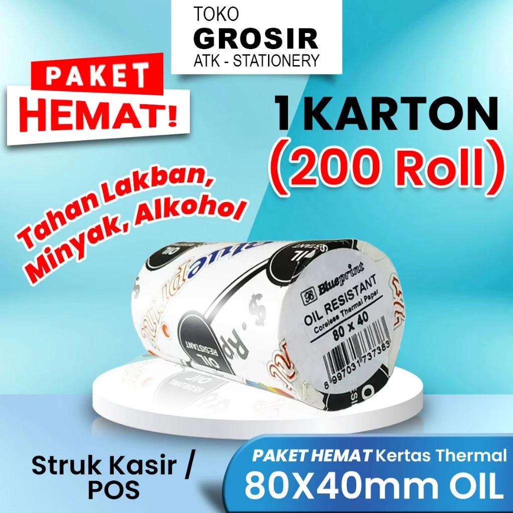 

(LIVE) PROMO HEMAT 80x40 (1 karton) Kertas Thermal 80mm Oil Resistant BLUEPRINT Struk Nota TAHAN LAKBAN TAHAN MINYAK