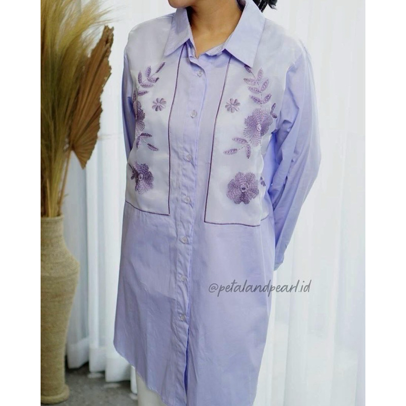 Tunik Lilac Lengan Panjang/ Tunik Katun Mix Bordir Organza/ Tunik Bunga - Talia Top