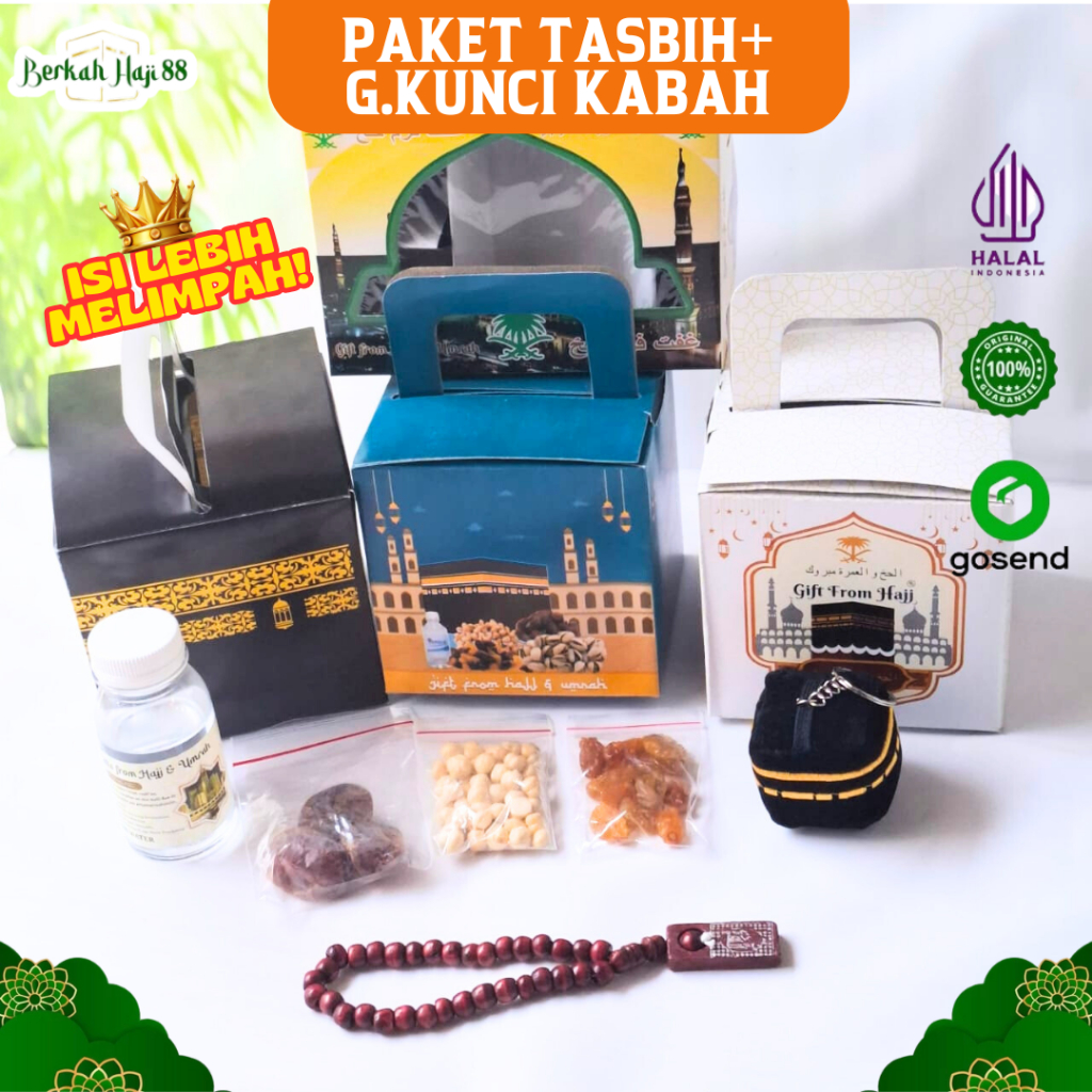 

Oleh Oleh Umroh dan Haji Souvenir Hampers Air Zamzam Original Tasbih Gantungan kunci Kabah