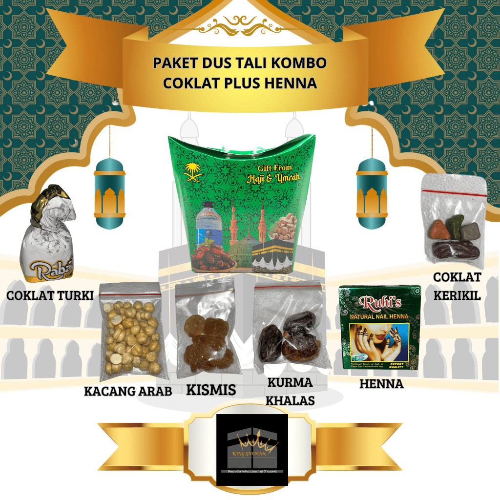 

Oleh-oleh haji Paket kombo dus tali oleh-oleh haji dan umroh plus coklat plus henna