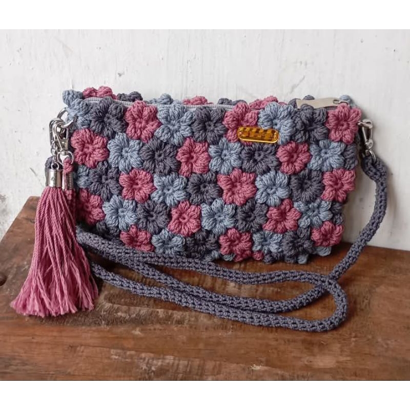 tas bunga puff, tas rajut puff, tas dompet, tas selempang rajut, tas wanita