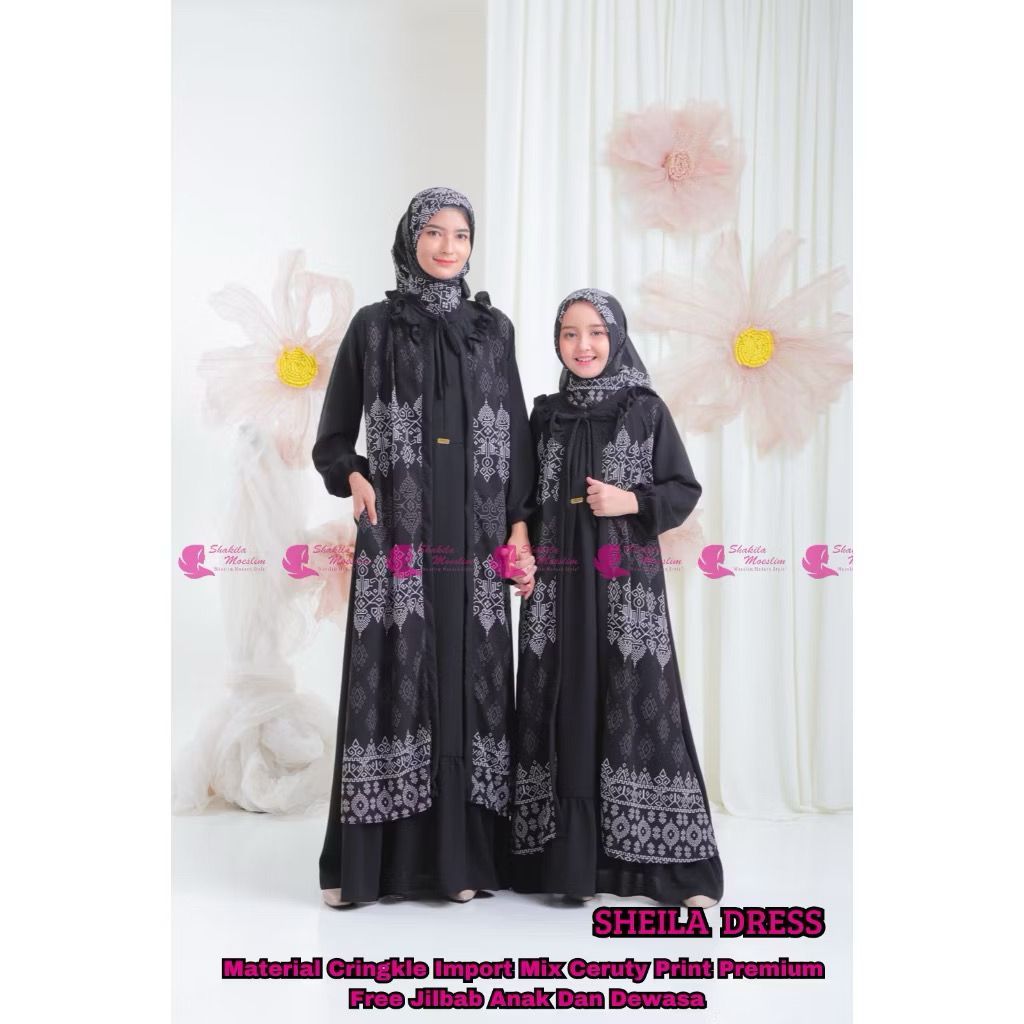 SHEILLA DRESS ( COUPLE ATAU SATUAN )Gamis Couple Ibu dan Anak Perempuan Bahan Crinkle Kombinasi Ceru