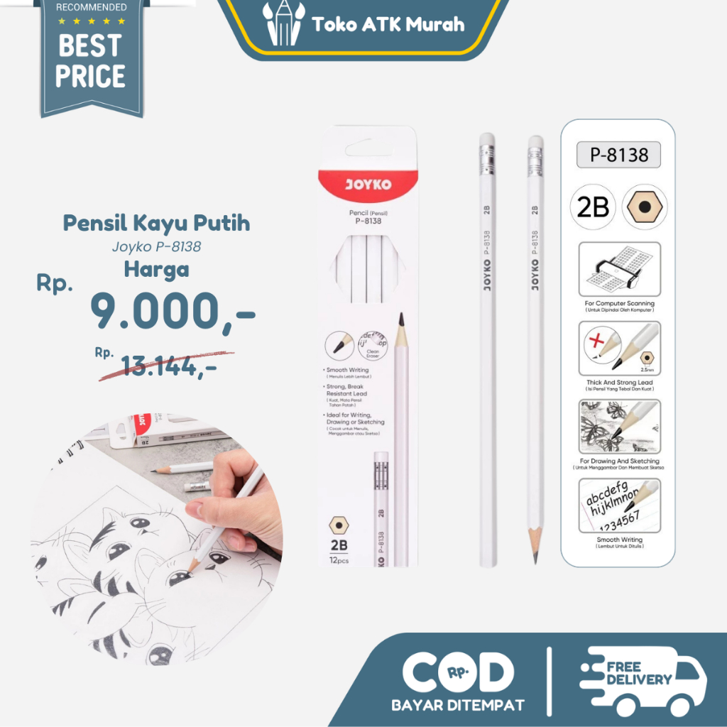 

1 BOX 12 PCS Pensil Kayu Putih Joyko P-8138 2B White Pencil