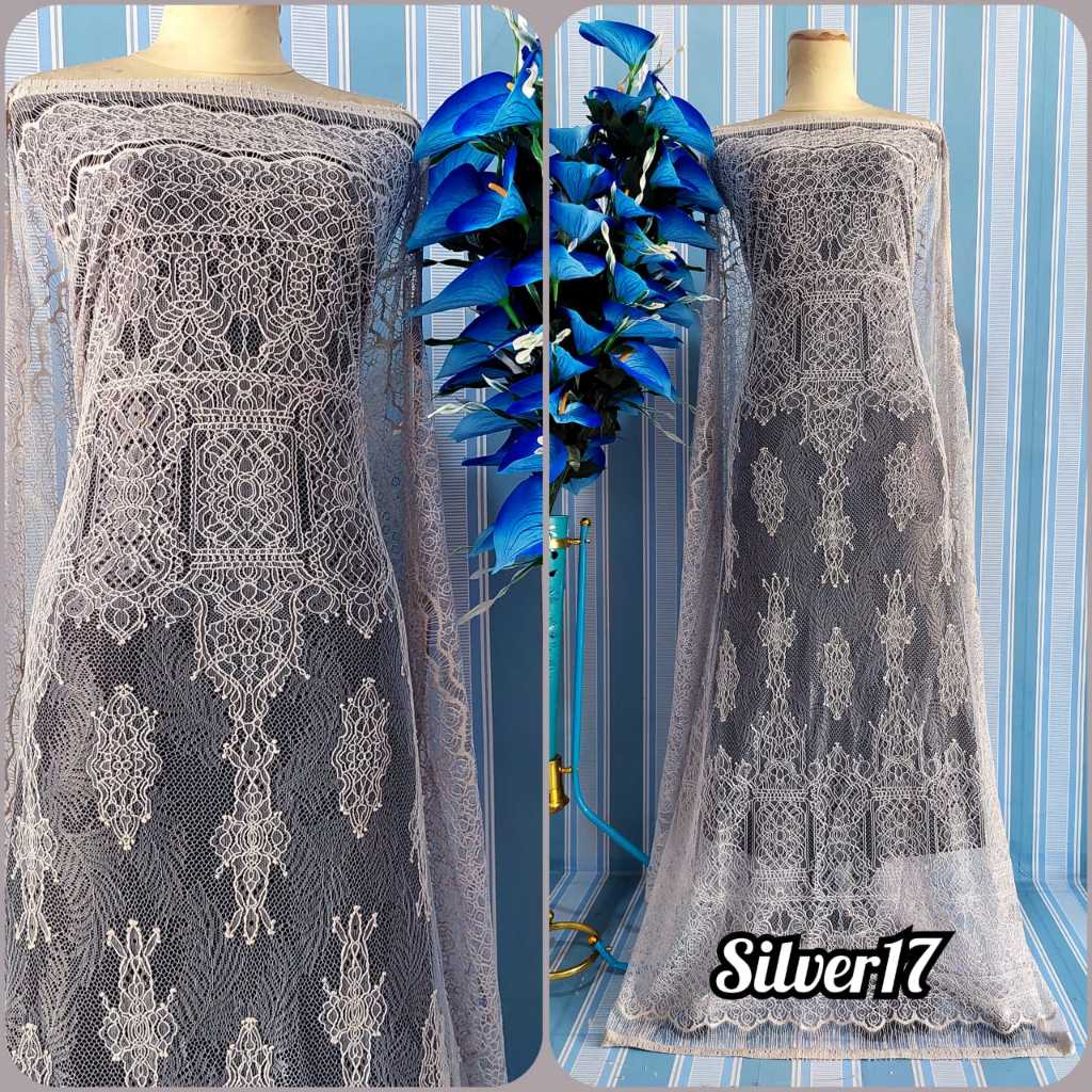 Kain brokat Chantily brukat  santili Serian Warna Silver, Isi Panjang 2,5m Bahan Kebaya, Dress