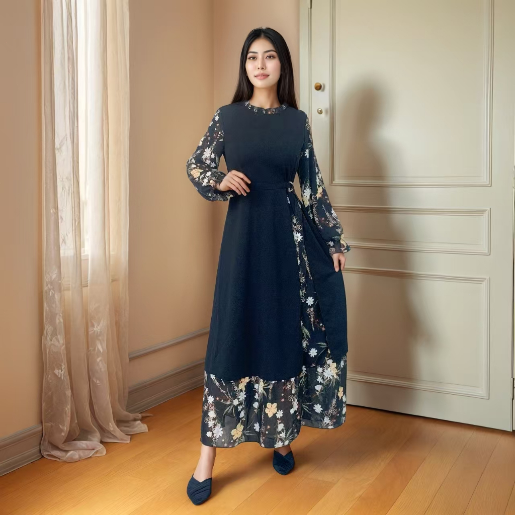 NANA Black Dress Lengan Panjang | Jahitan Dress Maxi Korean