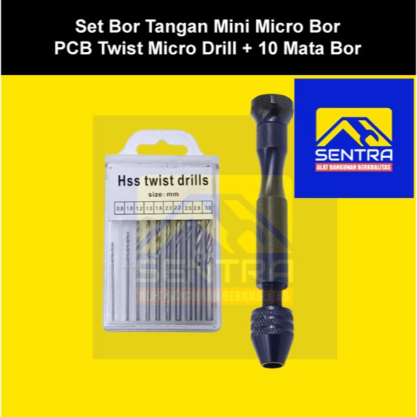 Set Bor Tangan Mini Micro Bor PCB Twist Micro Drill + 10 Mata Bor