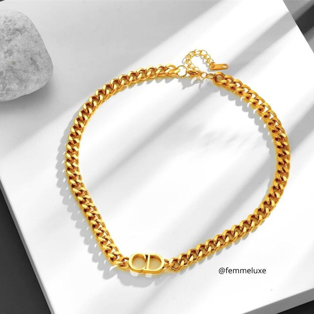 Femma Luxe - Chaeri set - Kalung Gelang Titanium Anti Karat CD Christian Dior Emas Rantai Tebal