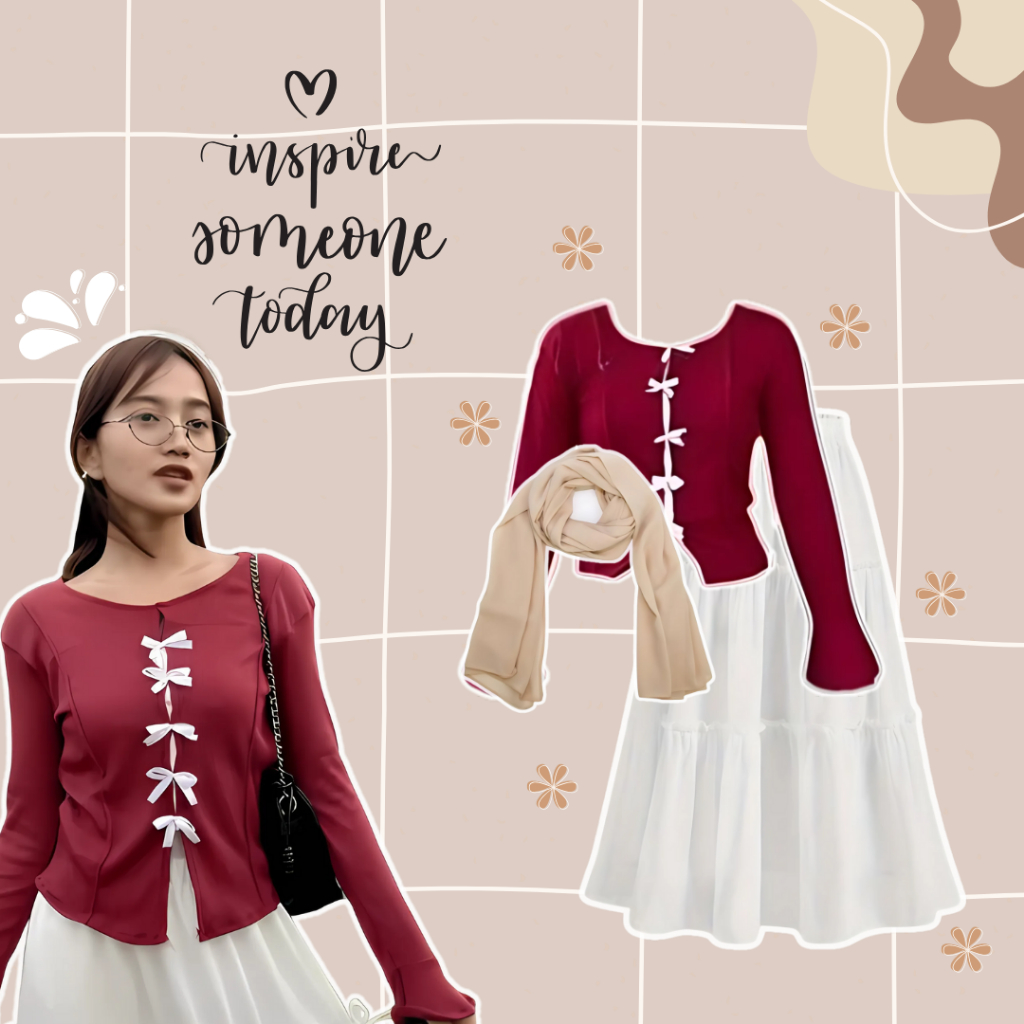One set OOTD Wanita Remaja (Blouse, rok ruffle, pasmina) Outfit korean style kekinian