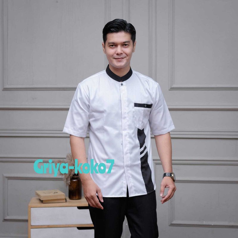 BAJU KOKO LENGAN PENDEK WARNA PUTIH KAIN KATUN TOYOBO MOTIF KEKINIAN
