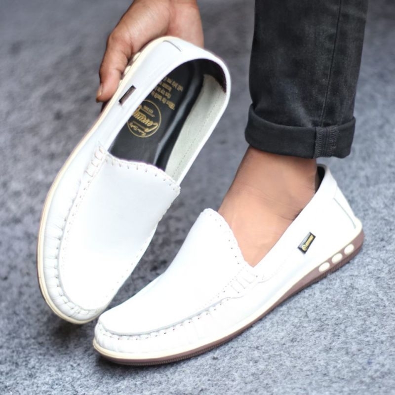 Sepatu Pansus Kasual Kulit Sapi Asli Slop Putih Pria Model Moccasin