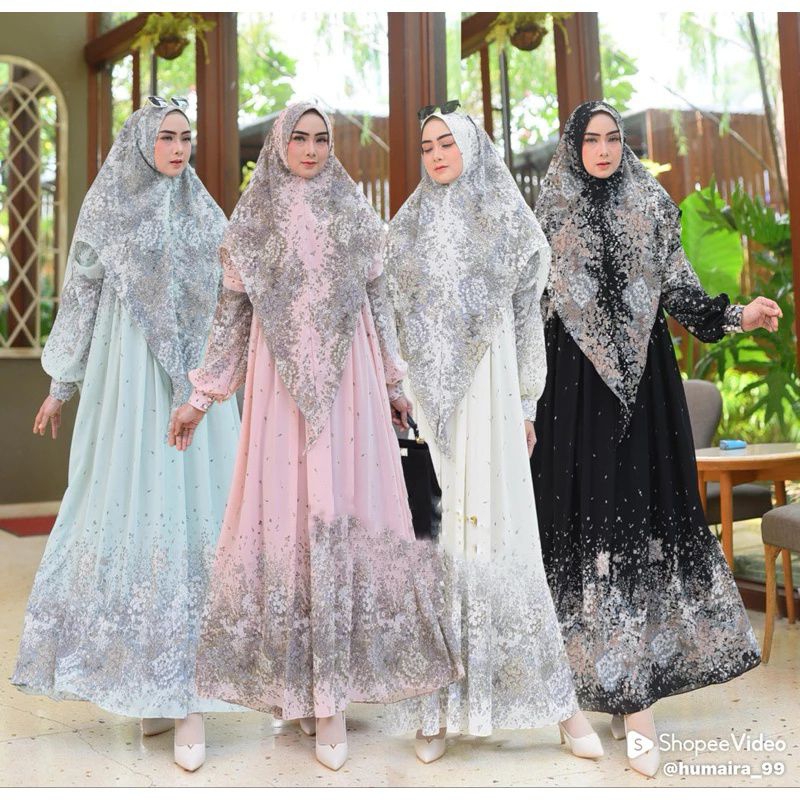 Baju Gamis Wanita Muslim Adinda Syari Humairah Ceruti Motif Cantik Set Hijab Khimar Ada Jumbo Fashio