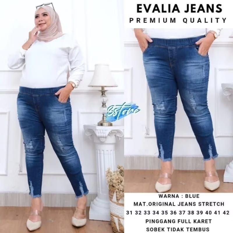 PROMO||Celana Jeans Ripped Wanita Jumbo Pinggang Karet / Celana Denim Model Sobek-Sobek Jumbo Stretc