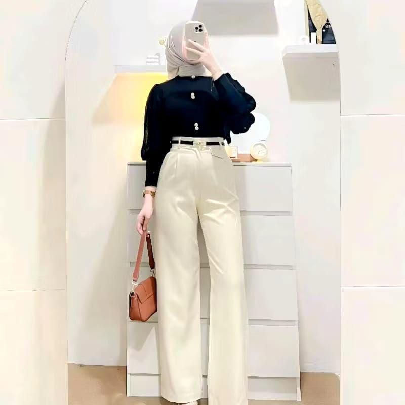 Oro Pants Knit Highwaist - Loos Pants Trouser Wanita - Celana Korean style - Kulot panjang Anti Kusu