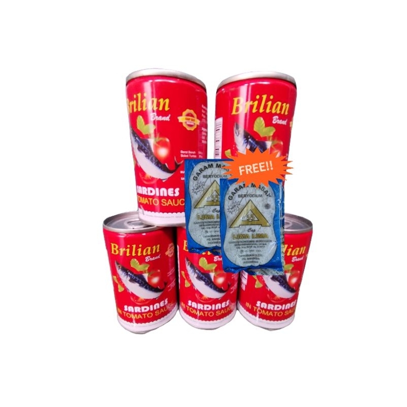 

Brilian Sardines Tomat 5 Pcs 155gr & Free 2 Garam Exp 2027