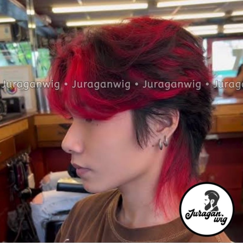 Wig Korea Rambut Palsu Pria Wolfcut Pendek Highlight