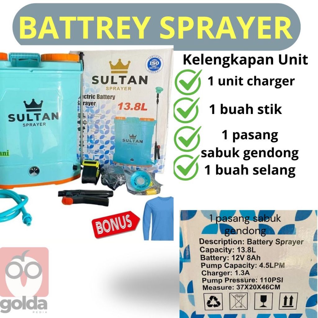 Sprayer Elektrik Sultan 13,8 Liter Tangki Semprot | semprot sawah pertanian lengkap dengan batrei ch