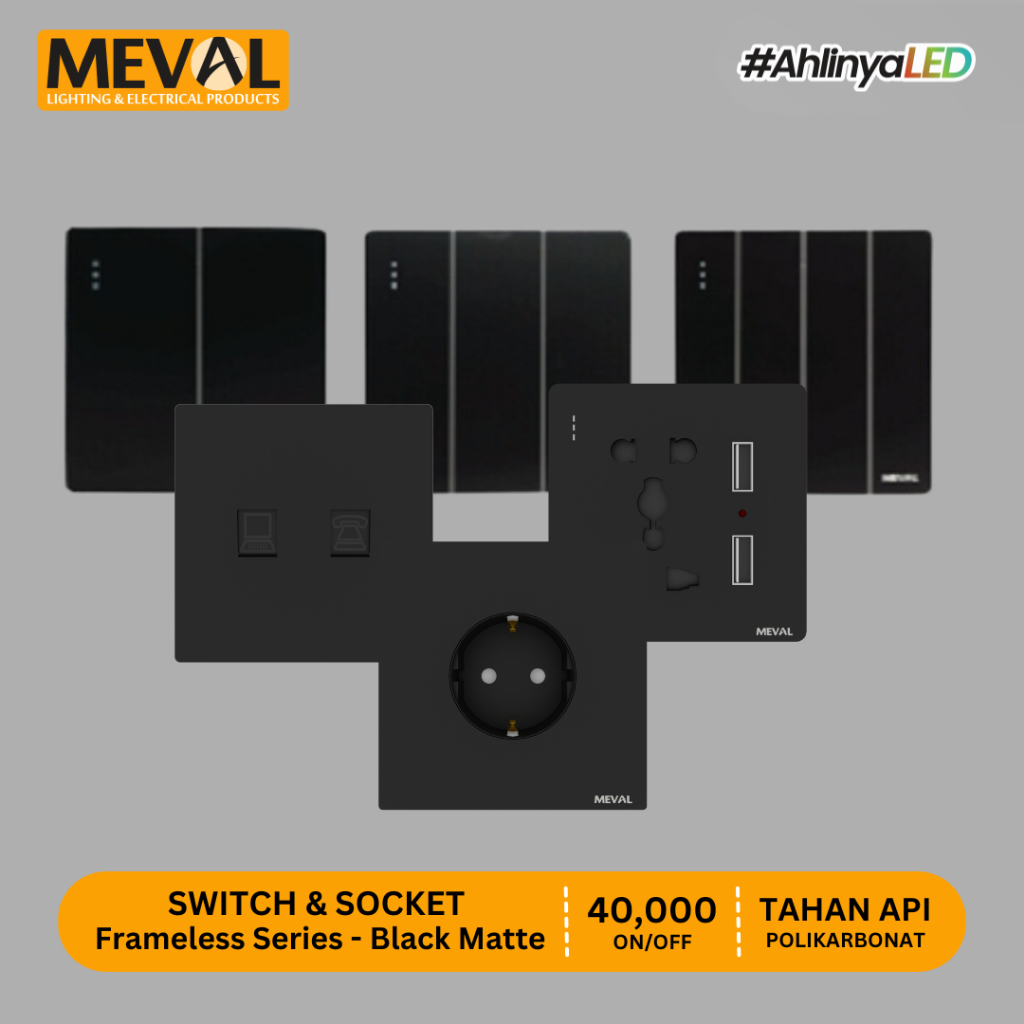 MEVAL Stop Kontak Saklar dan Soket Minimalist Frameless - Black Matte