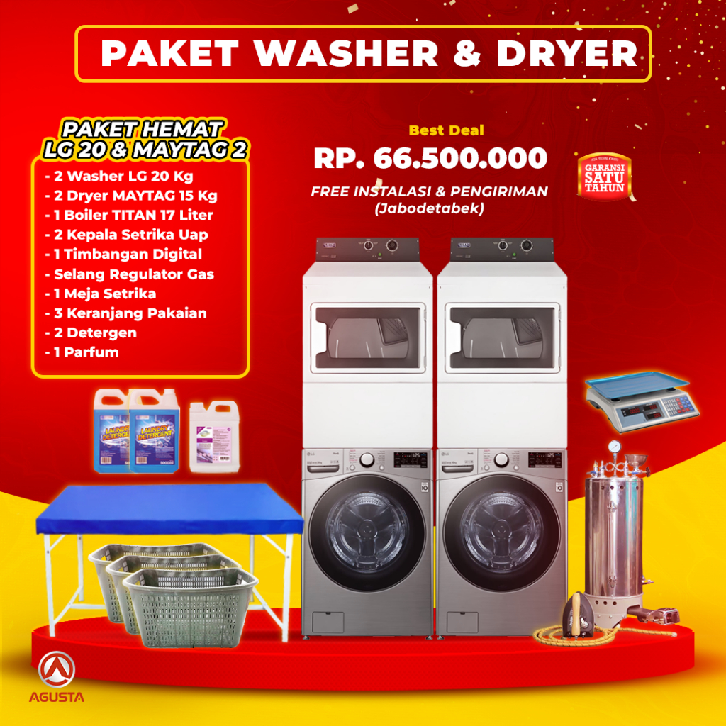 MESIN LAUNDRY NON KOIN (2 SET) PAKET LENGKAP LG 20KG & PENGERING