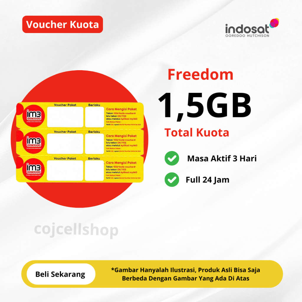 Voucher Indosat 1,5GB 3 Hari Full 24 JAM - Voucher Kuota IM3 - Voucher Kuota Indosat 1,5GB 3 Hari