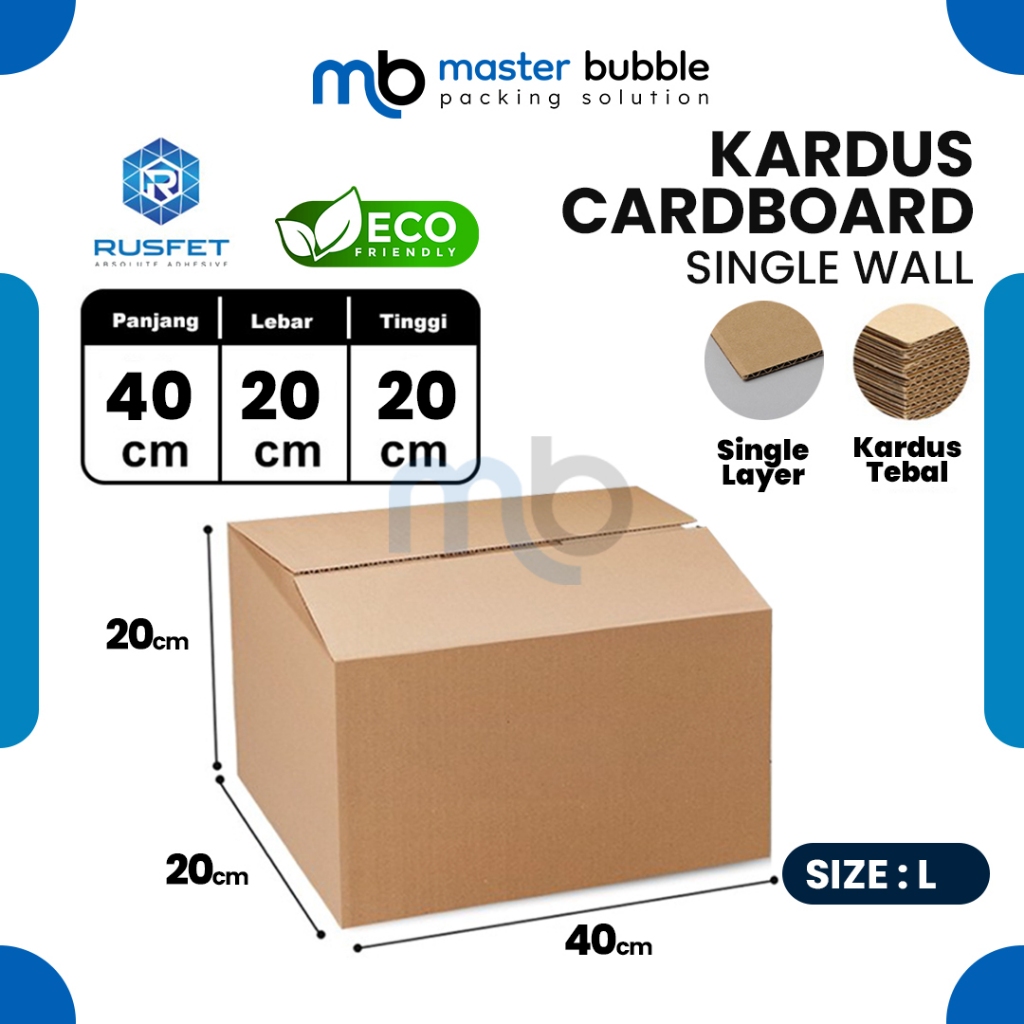 

Kardus Packing Dus 40 X 20 X 20 cm Box Cardboard RUSFET Single Layer Coklat Polos Harga Ecer