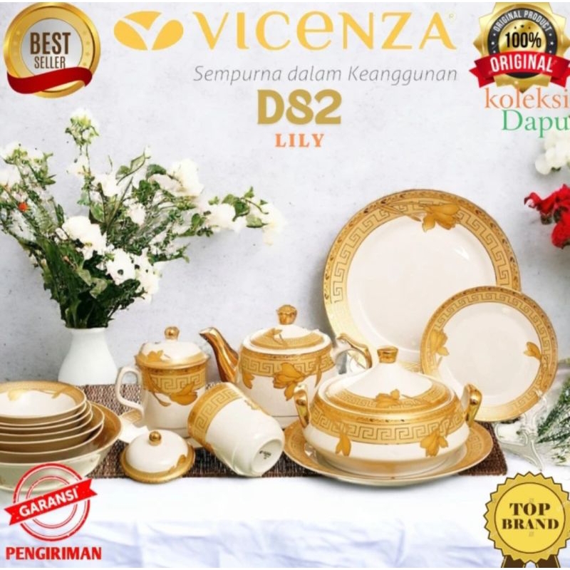 Set perlengkapan makan LILY VICENZA, dominasi warna GOLD kesan Mewah dengan 4 Piring makan, 2 Mug ti
