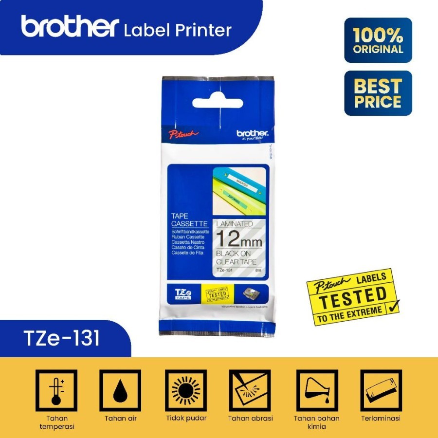 

Brother TZE-131 12mm x 8m Black On Clear Laminated Tape TZE131