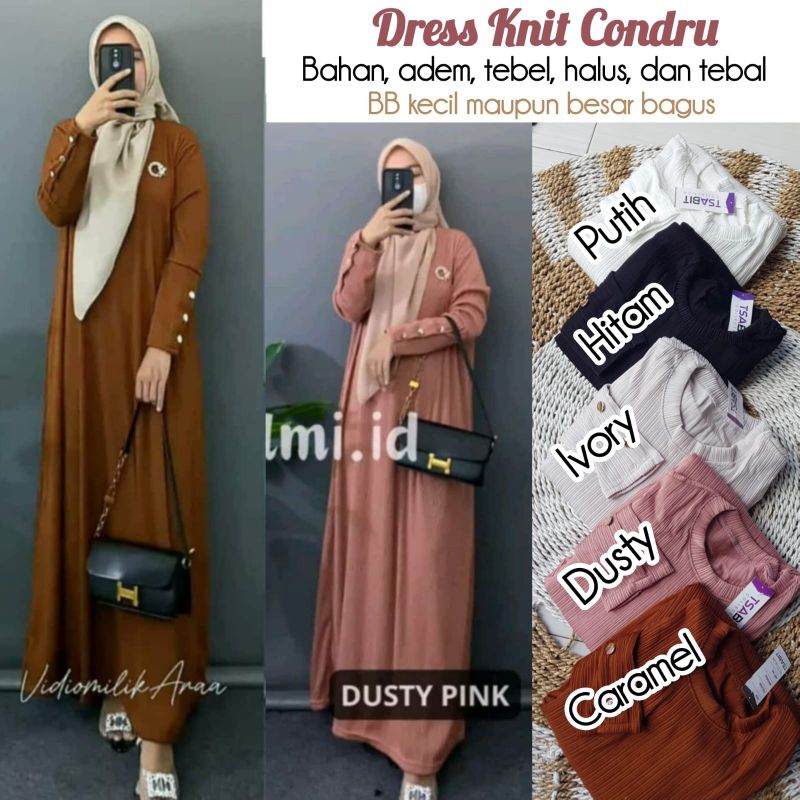 RAHMAH BOUTIQUE_gamis knit ORI set jilbab azara motif label akrilik, lengan variasi kancing,