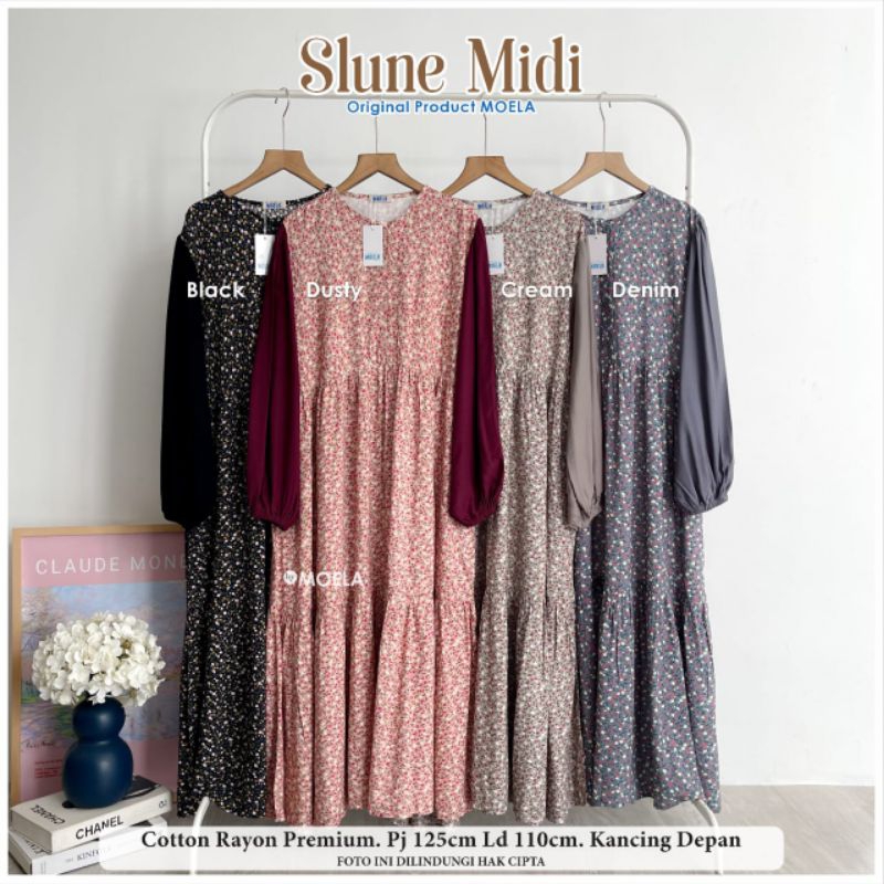 SLUNE MIDI ORI MOELA TERLARIS DRESS KOMBINASI MOTI BUNGA KEKINIAN TERMURAH
