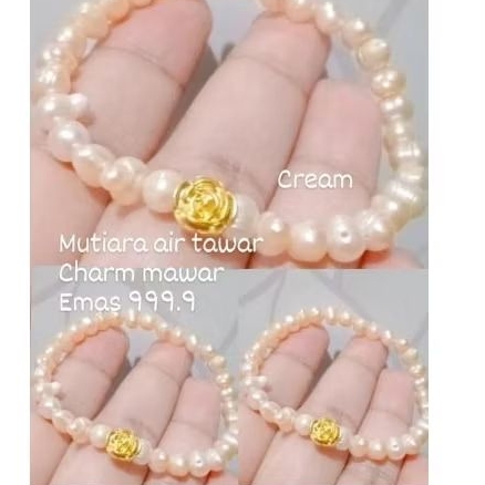Gelang Mutiara Air tawar + charm mawar emas 999.9