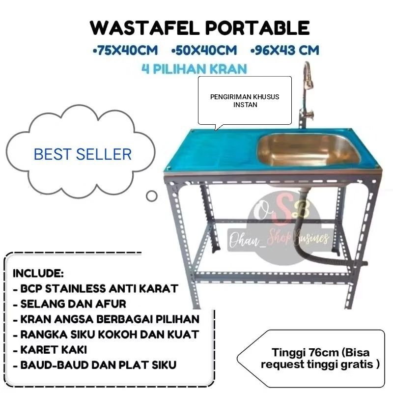 Wastafel Portable Bak Cuci Piring/Kitchen Sink Stainles Lengkap Ukuran 75/96cm