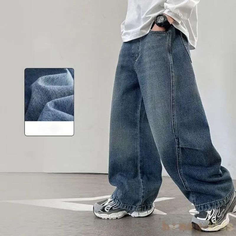 celana jeans panjang anak laki laki gombrong polos usia 7-14 tahun fashion import terbaru