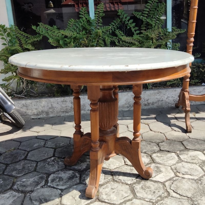 Meja Marmer Bulat Kayu Jati Lawas Jadul Tua