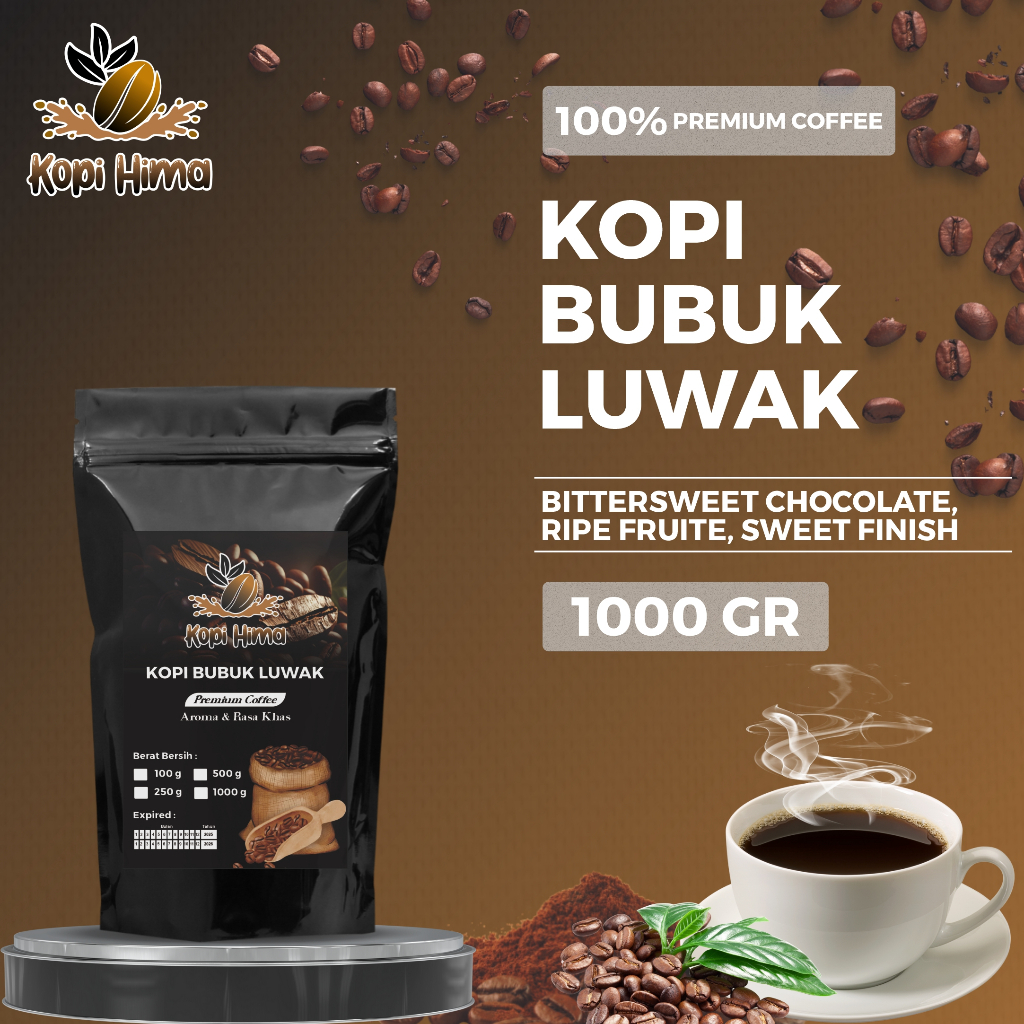 

kopi.hima - bubuk kopi luwak berat variasi 100 gr, 250 gr, 500 gram dan 1000 gram premium roasting