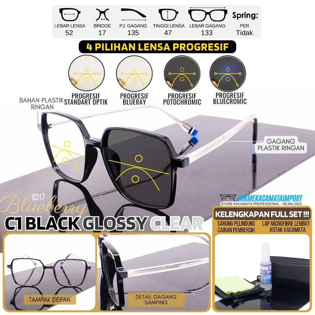 Kacamata Progresif Plastik Solid Kualitas Optik Frame Kacamata Pria Wanita