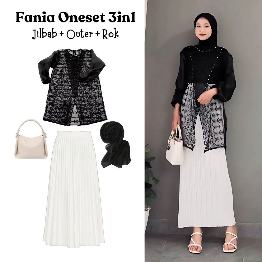 One set 3in1 outer outwear tunik hitam brukat brokat tile rok plisket putih jilbab bella | outfit oo