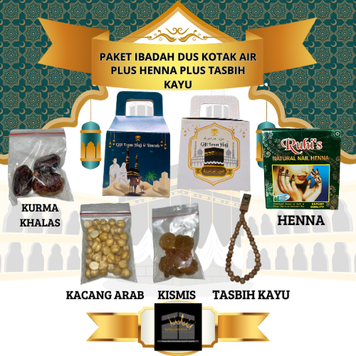 

paket ibadah dus kotak air paket henna plus tasbih kayu oleh-oleh umroh haji