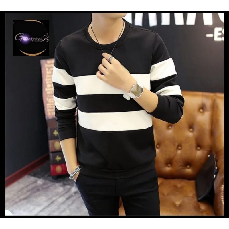 Sweater Oneck Pria Garis/Sweater Rajut Original Cotton