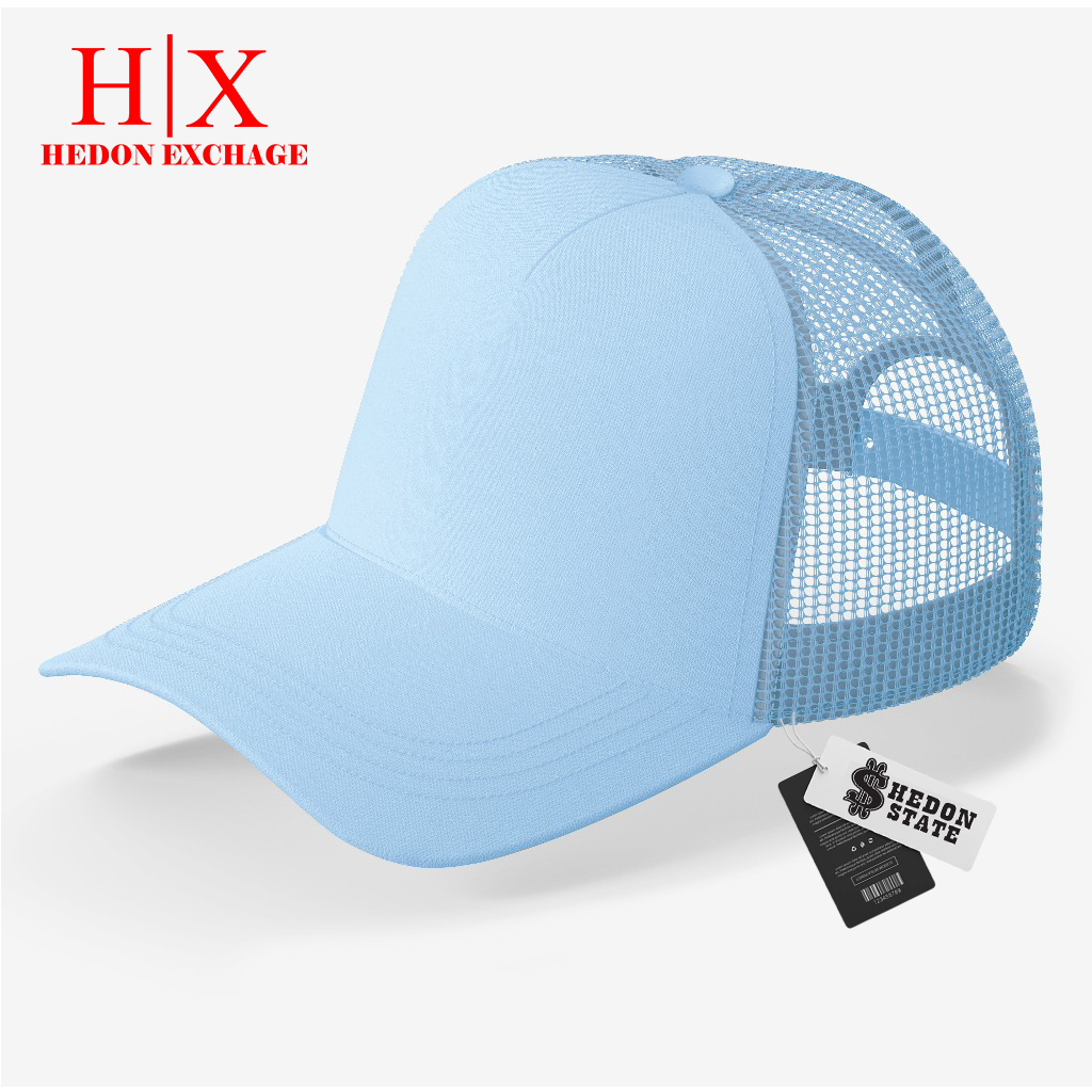 HEDON STATE Topi Trucker Jaring Polos Warna Biru Muda Casual Pria Wanita Unisex Kekinian