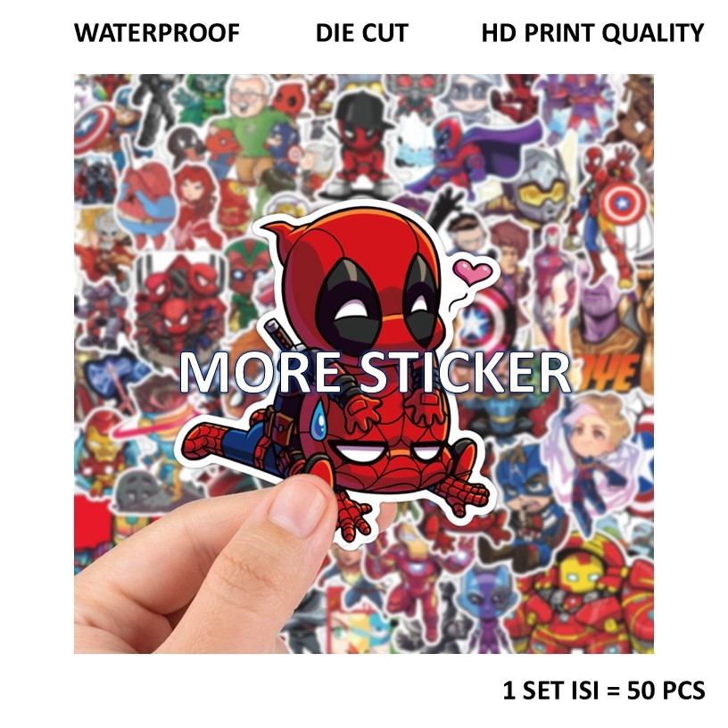 

ISI 50 PCS STICKER PACK MOTIF SUPER HERO MARVEL PVC VINYL WATERPROOF UKURAN 4-5CM HP LAPTOP KOPER HELM MOTOR