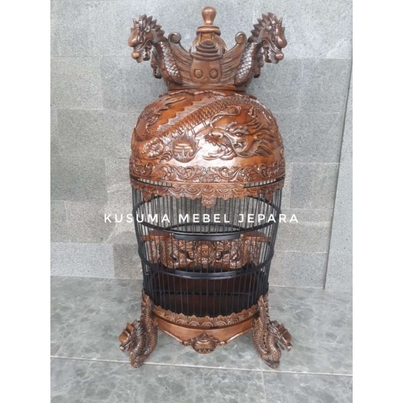 Sangkar Burung Perkutut Model Mahkota Ukir Relief Naga Kayu Jati Finishing Natural Doff (Free packin