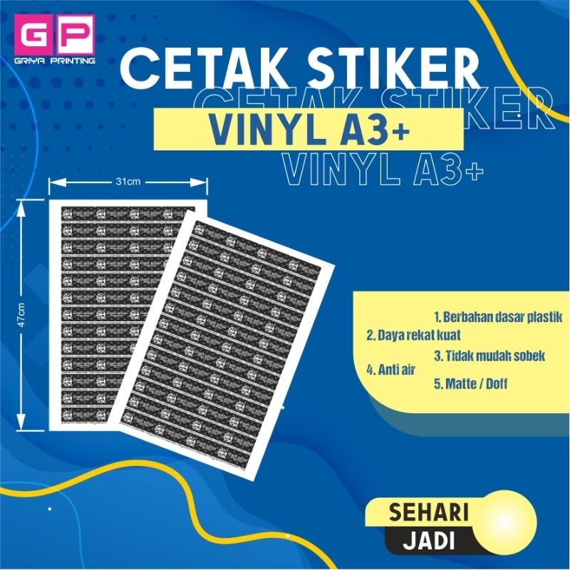 

Cetak Stiker Vinyl | Stiker Label | Stiker Produk | Ukuran A3+ | Non Cutting | Matte/Doff | Anti Air