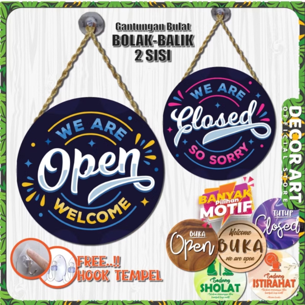 DecorArt 20 Cm - Papan Gantung Buka Tutup Open Close Bolak-Balik Tali Siap Pasang