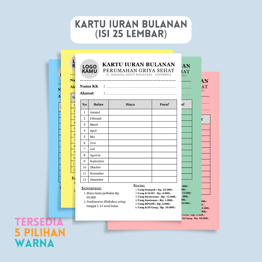 

(ISI 25 LEMBAR) KARTU IURAN BULANAN CUSTOM / KARTU IURAN WARGA / Iuran Masyarakat / Iuran RT RW