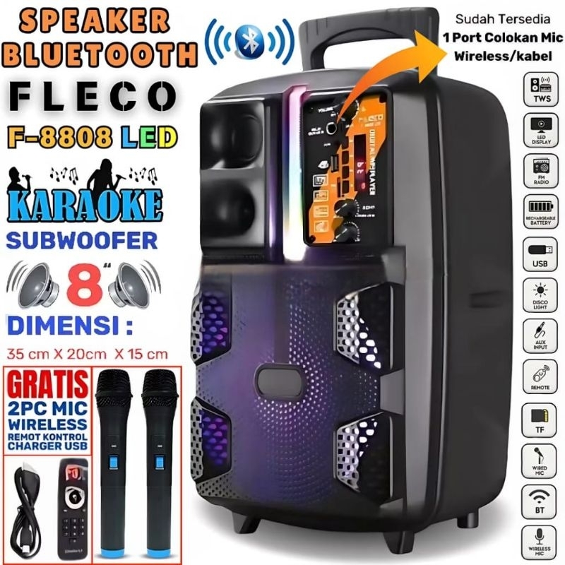 Speaker Bluetooth FLECO X-BASS F-8808LED 8,5 Inchi Free Microphone Wireless Karaoke Remote Control