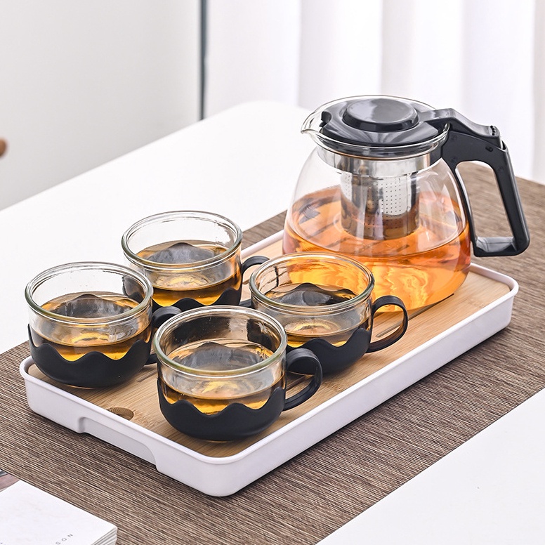 Grosiran Teko Set Kaca Cangkir 4 In 1 Premium Kaca Tebal  Tea Pot Set 1 Teko 4 Cangkir Elegant