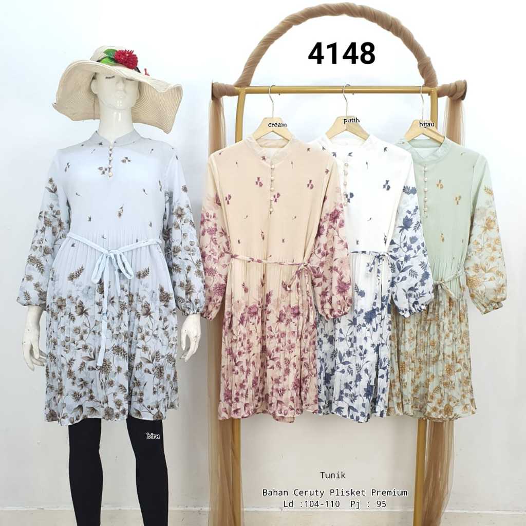 tunik ceruty plisket premium motif bunga bunga